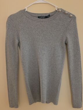 Lauren Ralph Lauren Light Gray Ribbed Crewneck Sweater with Shoulder Buttons